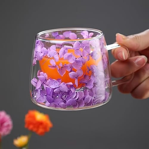 Goodening Double Walled Coffee Glasses Mugs Flower Cappuccino Latte Macchiato Glasses Cups with Handle Borosilicate Heat Resistant Glass Cups for Coffee Tea Milk Juice Ice Cream (Purple)