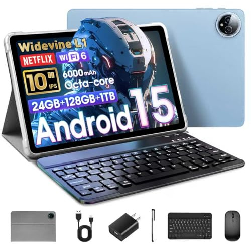 Tableta Android 15 de 10 pulgadas, 24 GB de RAM + 128 GB de ROM/1 TB, tabletas 2 en 1 con funda de teclado, lápiz capacitivo de ratón, CPU Octa-core de 2.0 GHz, pantalla IPS HD de 1280 x 800, 5G WiFi6