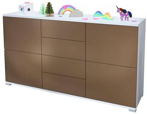 Vladon Sideboard Rova V1, Kommode mit 4 Türen und 4 Schubladen, Weiß matt/Bronze Optik (138,5 x 75,5 x 35)