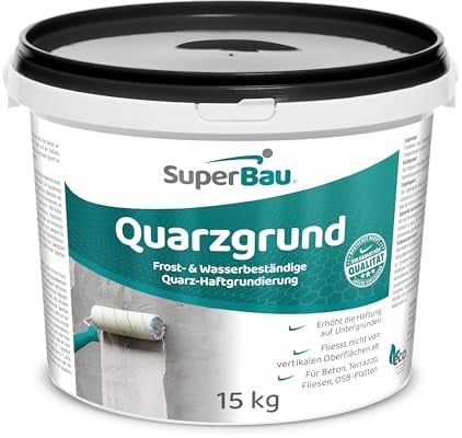 SuperBau Quarzgrund (15kg ca.50m²) Weiß Haftgrund Fliese auf Fliese Grundierung für Putz Beton Holz OSB-Platten Haftgrundierung mit Quarzsand für Außen & Innen