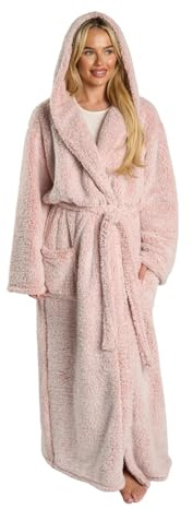 OHS Ladies Dressing Gowns Teddy Marl, Super Soft Warm Hooded Full Length Dressing Gown with Pockets Oversized Bathrobe Women Adult Loungewear & Sleepwear, Blush Pink - One Size