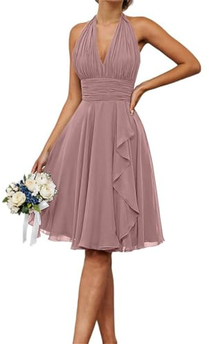 Kurzes Brautjungfernkleid für Damen, gerüscht, Chiffon, Cocktailkleid, Abendkleid, formelles Kleid, Dusty Rose, 34