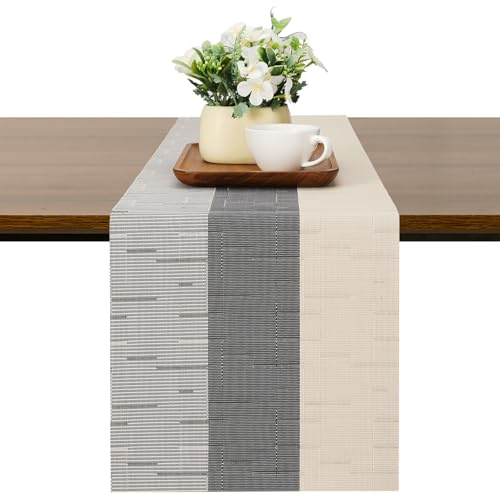 Chitomars Tischläufer Modern abwaschbar Outdoor hitzebeständig Tischläufer | PVC Gewebte Tischläufer rutschfest Vinyl für Häuser Restaurants Hotels Tischdekos (Beige Grau, 30x135cm)