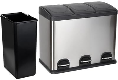 DUAS 45L Triple Compartment Recycling Pedal Bin 3x15L Stainless Steel Kitchen Waste Bin with Soft Close Lids Removable Inner Buckets & Non-Slip Base Ideal for Home or Office (45L Triple Pedal Bin)