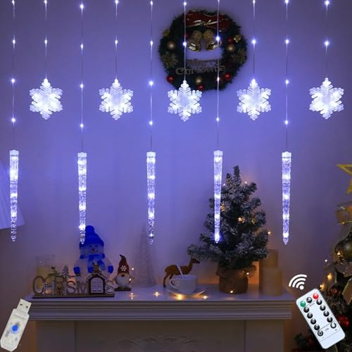 LED Weihnachtsbeleuchtung Fenster, 3M Weihnachtsdeko Fenster Beleuchtet Lichtervorhang mit Timer, 8 Modi, Fernbedienung, Weihnachten Lichterketten Vorhang für Innen Außen Party Hochzeit (Weiß)
