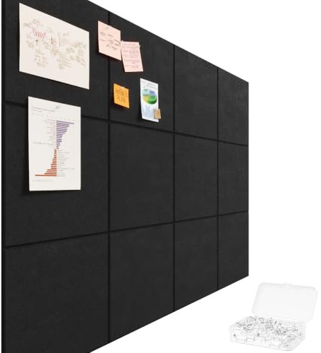 Lifewit Tableau en feutre adhésif décoratif, lot de 12 panneaux-120x90 cm, idéal pour afficher notes et photos au bureau ou à la maison, 50 punaises incluses, alternative au liège, Noir Profond
