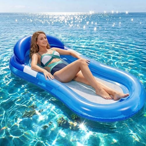 Inflatable Pool Float for Adults Relax Swimming Pool Lounger with Headrest Floating Hammock Mattress Pool With Head&Arm Rest Water Lounge for Sunbath Tanning, Summer Holiday Sea Beach Water Fun