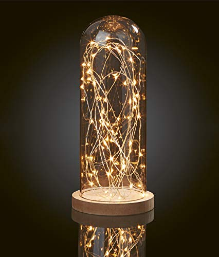 hellum LED Glasglocke Deko, Weihnachtsdeko mit Tauperlenlichterkette, Weihnachtsbeleuchtung innen mit Batterie (3xAA nicht inkl.), warmweiß licht, braun, ø13 x H 30cm 522792