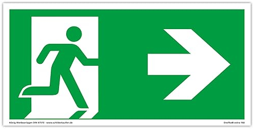 Schild Notausgang | extra langnachleuchtend | PVC selbstklebend 297x148mm | gemäß ASR A1.3 DIN 7010 DIN 67510 | Notausgangsschild Pfeil rechts | Fluchtwegschild Rettungsweg | Dreifke® extra 160