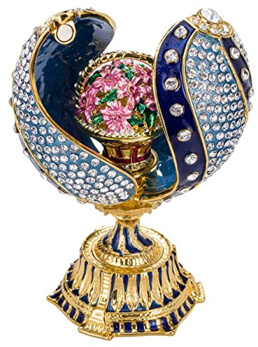 danila-souvenirs uovo ritorto in stile Faberge con cesto di fiori 12 cm blu
