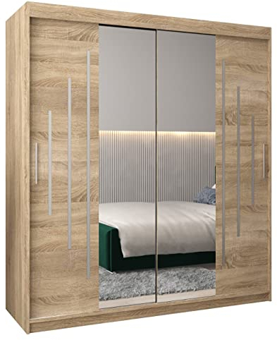 MEBLE KRYSPOL York 1 180 Schlafzimmerschrank mit Zwei Schiebetüren, Spiegel, Kleiderstange und Regalen – 180x200x62cm - Sonoma