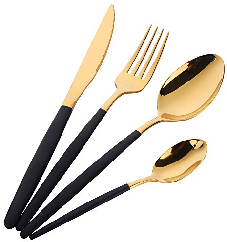 Buyer Star Juego de cubiertos de oro con mango negro de acero inoxidable cubiertos Set vajilla 16 piezas oro negro vajilla