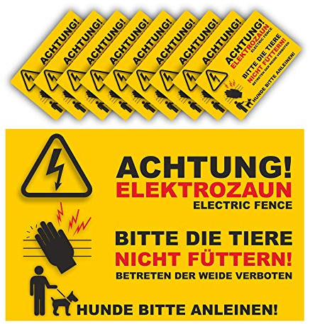 Birsppy Warnschild Elektrozaun Set 10 Schilder - 20x13cm - Vorgebohrt - auf 3mm Hartschaumplatten