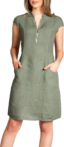 Caspar SKL040 stylisches knielanges Damen Sommer Leinenkleid mit Reißverschluss Ausschnitt