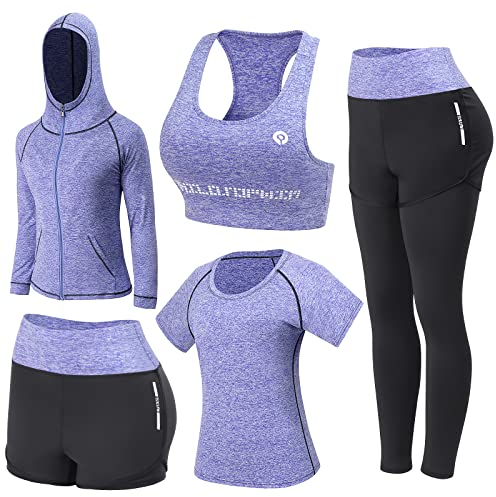 JULY'S SONG Yoga Kleidung Anzug 5er-Set Trainingsanzug Laufbekleidung Gym Fitness Kleidung (Lila,M)