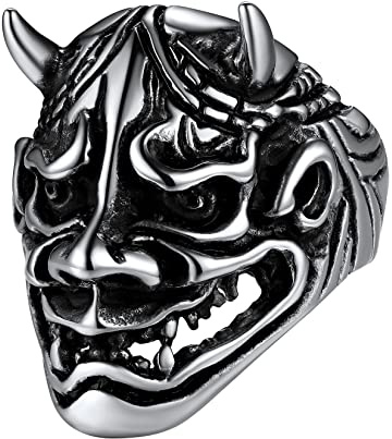 U7 Edelstahl Prajna Maske Ring für Männer - Retro Gotik Japanische Dämon Samurai Großer Fingerring - Modeschmuck für Halloween (Größe 62)