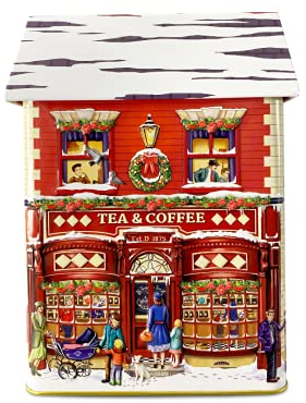 MediMuc Stadthaus Winter Tea & Coffee - Dose in Form eines klassischen verschneiten Backsteinhauses - lebensmittelecht - Aufbewahrungsdose, Keksdose, Blechdose - Vol. 1,6L