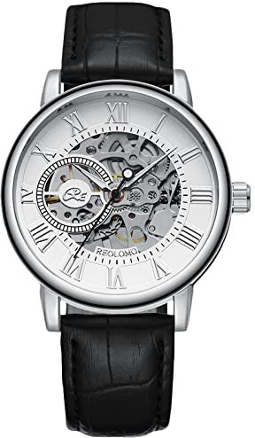 rorios Herrenuhren Mechanische Automatikuhr Leuchtende Uhren mit Lederband Skelett Militär Armbanduhr
