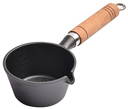 UPTALY Φ11 cm mini calentadores de mantequilla de hierro fundido (250 ml), con mango de madera, sin revestimiento, sartenes pequeñas para tortilla con pico, olla de leche, cacerola en miniatura negra
