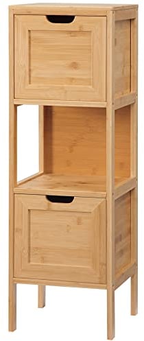 kleankin Badezimmerschrank Badschrank Aufbewahrungsschrank mit Kippschutz aus Bambus, Unterschrank mit 2 Schubladen, Lanfhausstil Beistellschrank, Naturholz, 30 x 30 x 90 cm