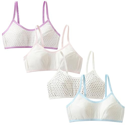 Happy Cherry - Girls Bras Athletic Sports Crop Bra Top Cotton Bralette Stretch Underwear Vest Removable Pads Wireless with Thin Strap 4 Pieces One Size Kid to Teen for 8-14 Years