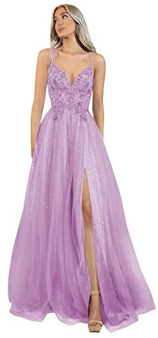 Carnivalprom Appliques - Abito da ballo da donna, lungo, elegante, in tulle, in pizzo, Lilla, 38