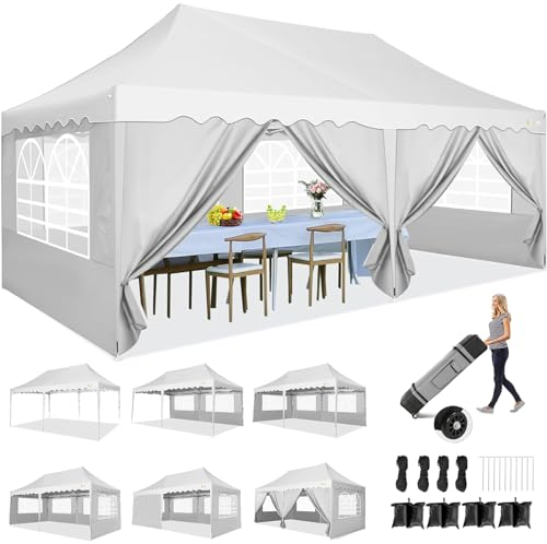 HOTEEL Pavillon 3x6 Mit 6 SeitenwäNden Faltpavillon 3x6 Wasserdicht Stabil Partyzelt 3x6 Winterfest Uv-Schutz 50+, Aufbewahrungstasche Mit Rollen, FüR Party,Outdoor,Garten,Hochzeit,Camping,Markt,Weiß