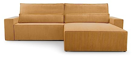 Ecksofa Denver L – Ottomane beidseitig montierbar, Ecksofa aus Cord, Couch für Wohnzimmer, Schlafsofa Sofagarnitur Eckcouch L-Form Cordstoff mit Bettkasten und Schlaffunktion (Poso 42 Dunkelgelb)