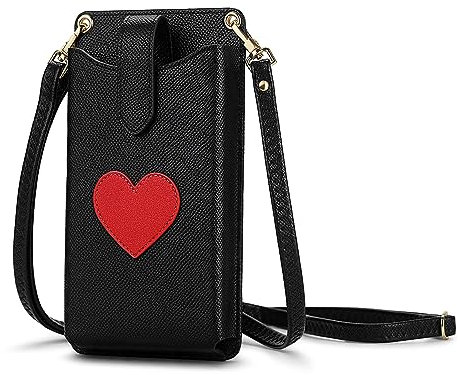 Peacocktion Handytasche zum Umhängen, Kleine Umhängetasche Damen, Crossbody Handytasche Geldbörse, Handy Umhängetasche mit Kartenfächer, Crossbody Tasche für Damen, 04-Schwarz Litchi Herz