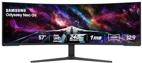 Samsung 57 Odyssey Neo G9 (G95NC) Series Dual 4K UHD 1000R Curved Gaming Monitor, 240Hz, 1ms with DisplayPort 2.1, Quantum Mini-LED, DisplayHDR 1000, AMD FreeSync Premium Pro, LS57CG952NNXZA