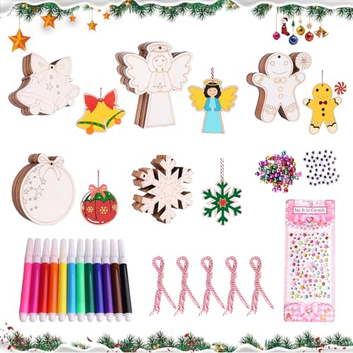 JUNUNDJING 213 Stück Holzanhänger zum Bemalen Weihnachten, Weihnachtsbaum Deko Holz,Weihnachtsdeko Weihnachtsbaum Deko Basteln Bastelset Holzanhänger Weihnachten Kinder Weihnachtsbaumschmuck Holz Deko