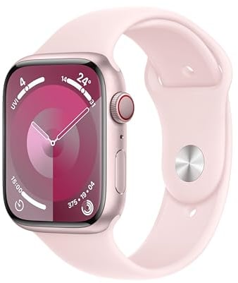Apple Watch Series 9 (GPS + Cellular, 45 mm) Smartwatch mit Aluminiumgehäuse in Pink und Sportarmband S/M in Hellrosa. Fitnesstracker, Blutsauerstoff und EKG Apps, Always-On Retina Display
