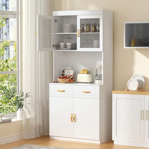 VOWNER Credenza Cucina Alta, Cucina Dispensa, Mobile Buffet, Mobile Dispensa con 4 Armadietti, Armadio Dispensa, 2 Ripiani Regolabili, MDF, 80L x 40W x 181H cm (Bianco)