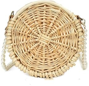 CEMELI 16 x 16 cm paja cebo de bautismo pastoral pequeño redondo tejido ratán bomba cadena perlas Dolly bolsas para boda fiesta noche bolsa dama de honor