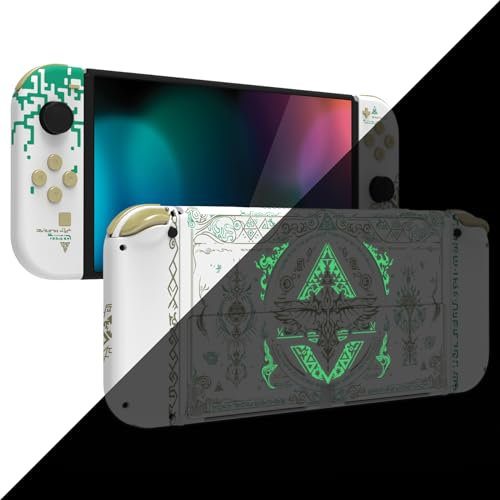 eXtremeRate Carcasa Completa para Nintendo Switch OLED, Tapa Trasera & Soporte Placa con Botones Coloridos para NSO, Funda Protectora NS Joycons - Brilla en Oscuridad-Reino del Totem Blanco