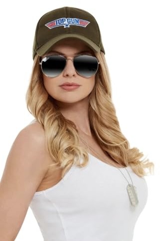 MIMIKRY Kostümzubehör Set Top Gun Kappe Brille Kette mit Dog Tag Jetpilot Kampfjet Pilot Kampfflieger Kampfpilot Flieger Army