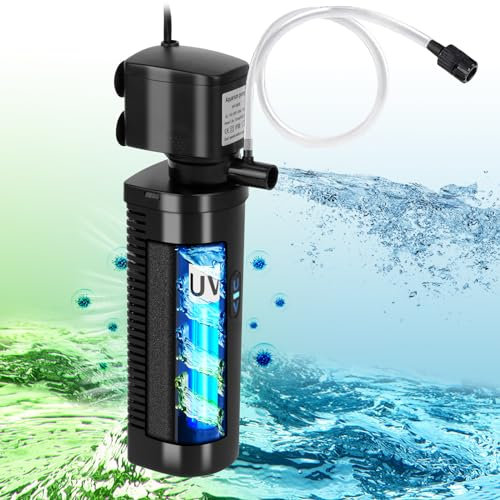 TARARIUM Filtro de acuario U-V para 20-75 galones, filtro de tanque de peces de 200 GPH con 5 W U-V verde claro, máquina limpia, sumergible, potente bomba interna para tanque de tortuga, agua salada,