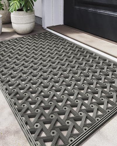 DEXI Front Door Mat Outside Entrance Rubber 19x30, Welcome Floor Doormat Heavy Duty Non Slip, Dirt Trapper Waterproof Exterior Entry Mats All Weather for Patio Entryway Drainage, Grey