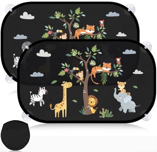 Mngevcy 2er Set Sonnenschutz Auto Baby mit UV Schutz, 51x31 cm Autofenster Sonnenblende für Kinder mit 8 Saugnäpfen&Süßen Tier Motiven (Forest Animals)