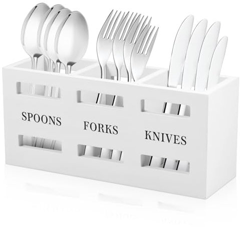 Wood Cutlery Holder Caddy Organizer Wooden Utensils Storage Organizer with 3 Compartments Large Capacity Kitchen Utensil Holder Multipurpose Flatware Caddy for Forks Spoons Cutters(White)