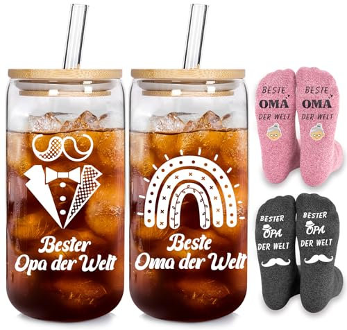 Mason Life 500ml Gläser mit Deckel und Strohhalm, Geschenk für Beste Opa & Oma Kaffeetasse Geschenkset mit Socke, Eiskaffee Gläser Oma und Opa Geburtstag Hochzeit Jahrestag
