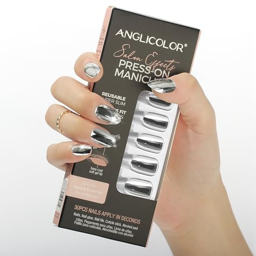 Anglicolor Silver Tip Press On Nails,Short Almond Nails,24 Pcs Soft Gel Fake Nails in 12 Sizes, Reusable Fake Nails Kit with Nail Glue (A104, 30 Count)