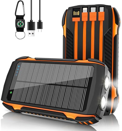 56800mAh 65w Solar Power Bank Large Battery Pack, Fast Charging Portable Charger, 7 Charging Ports Power Pack with Flashlight, Outdoor Waterproof Solar Charger Built-in 4 Cables for iPhone Android