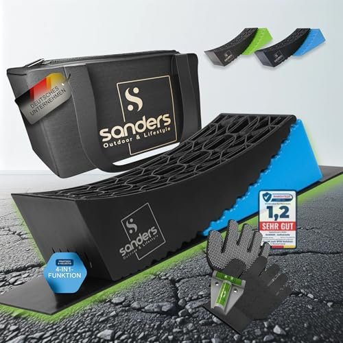 SANDERS Auffahrkeile - [2er Set] robuste Auffahrkeile für Wohnmobil, Wohnwagen | Sicheres & Stufenfreies Nivellieren [<13,5t] Unterlegkeile [individuell kürzbar] - inkl. Antirutschmatten (blau)