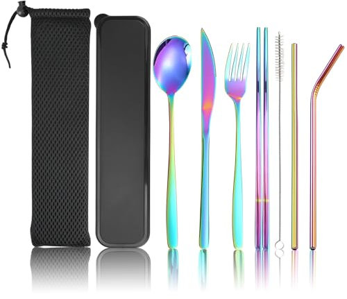 DIYJEP 9 Piece Travel Cutlery Sets, Stainless Steel Black Camping Utensils Sets, Reusable Fork Knife Spoon Metal Straws Cleaning Brush, Portable Case & Bag for Hiking Camping Office School (Colored)