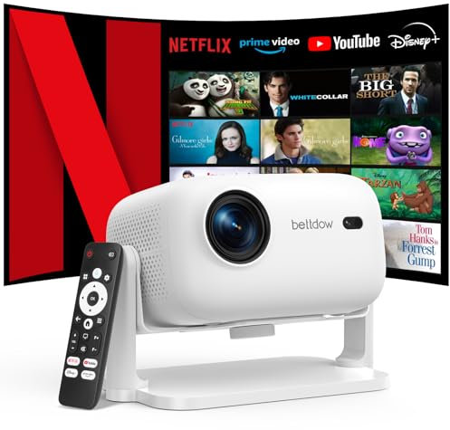 Bettdow Proyector 4K Netflix Oficial Inteligente 1080P Totalmente Sellado, Enfoque Automático/Corrección Trapezoidal, WiFi6 y Bluetooth 5.2, HDR 10+/10 para Cine en Casa, Blanco