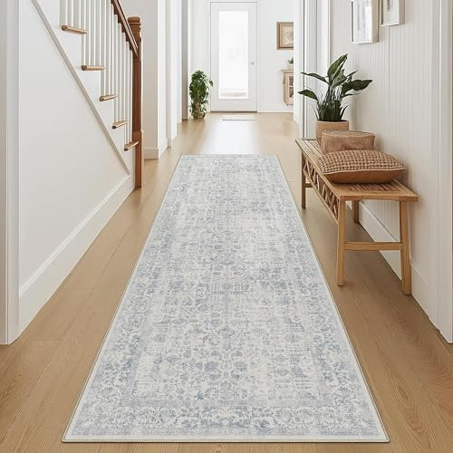 HUGEAR Alfombra Pasillo Larga Azul Alfombras Cocina Lavable Antideslizante Tapetes 60x240cm para Sala Habitacion Dormitorio Comedor Flor Vintage Tapete Pelo Corto