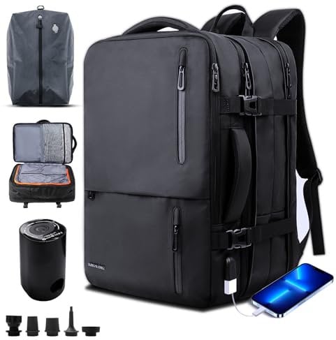 Handgepäck Rucksack Vakuum Laptop Backpack: 46L 19 Zoll Herren Handgepäck Flugzeug Erweiterbar Wasserabweisend Business Daypack mit USB Ladeanschluss und 20L Vakuum Cabin Tasche und Pumpe Schwarz