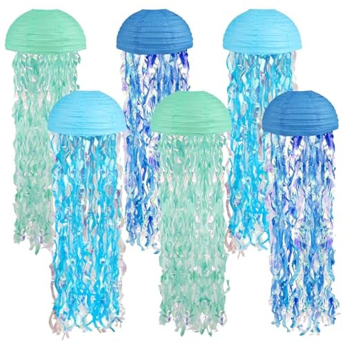 Papierlaternen Quallen Laternen 6 Stück Blau hängende Papierlampion für Unter dem Meer Party & Meerjungfrau Party Geburtstag Ozean Thema deko garten hochzeits draußen Festival Brautdusche Babyparty