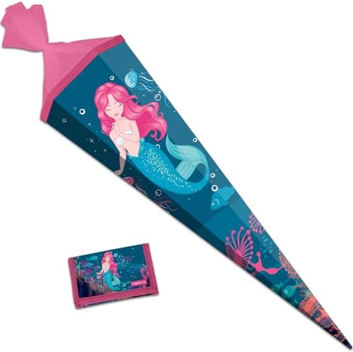 itenga Set Schultüte 85cm groß 6eckig Zuckertüte und passender Brustbeutel Geldbeutel (Motiv Meerjungfrau)